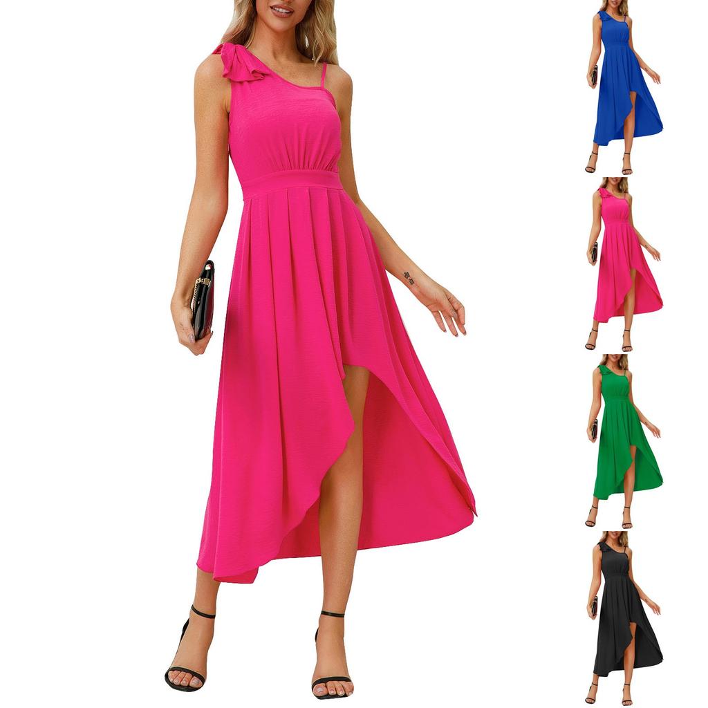 Summer Ladies Elegant Bow Suspender Pleated Irregular Sleeveless Dress For Women