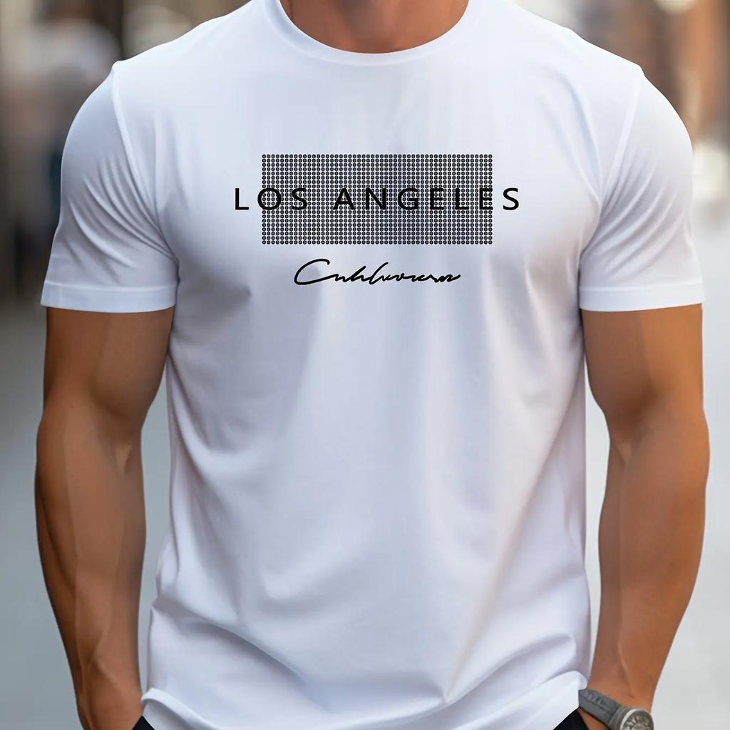 Men's Summer Loose Fit Large Los Angeles Graphic Printed Slim Fit Casual Sports Round Neck Short Sleeved T-shirt Top