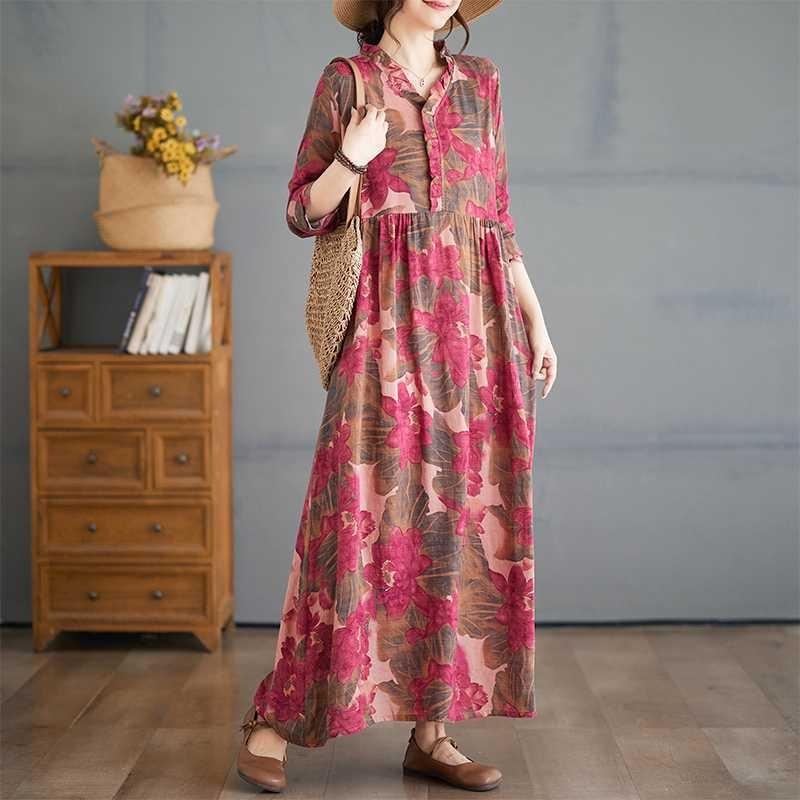 Printed Loose Belly Shading Mulle Lace Long Sleeve Hem Long Dresses