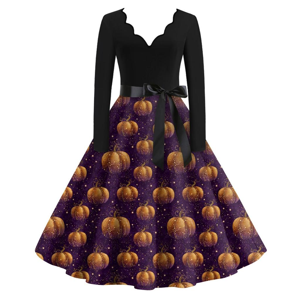 Women's Casual Fashion Long Sleeve Halloween Graphic Printed Vintage Long Dresses