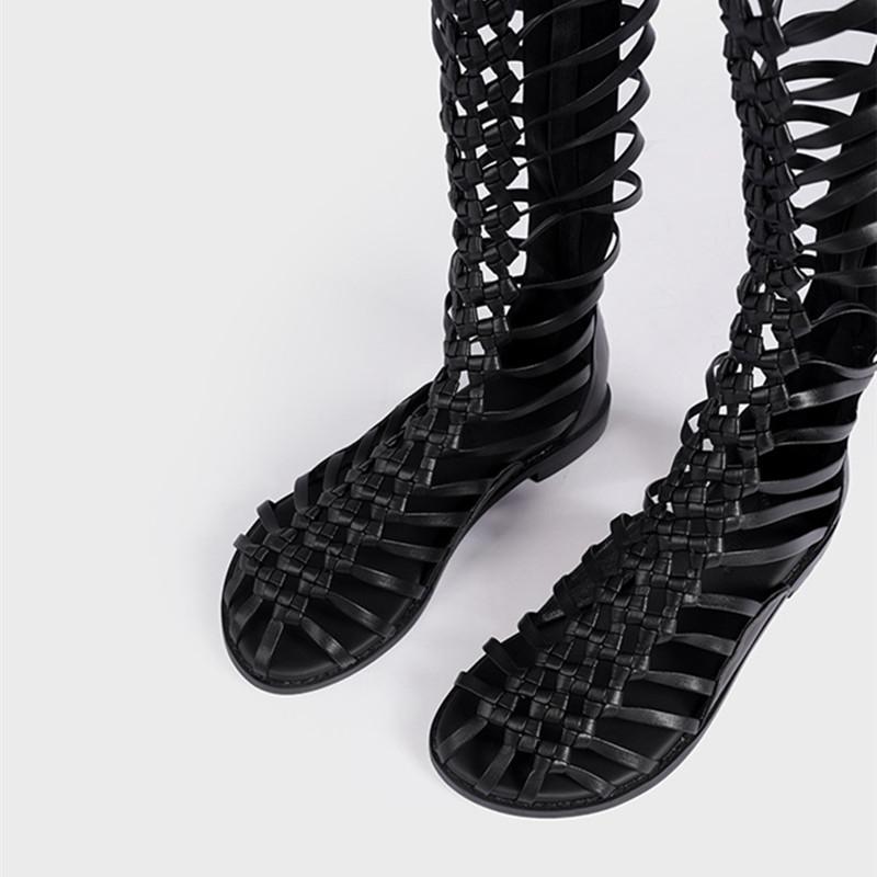 Fashion 2025 Summer New Designer Sexy Narrow band Leather Women Knee-high Boots Fashion Flats Heeled Sandals Boots Casual Booties Shoes