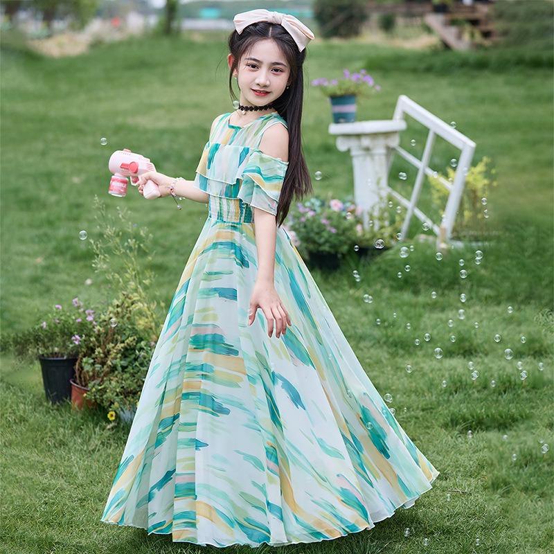 Mädchen Kinder Blumenmuster Kurzarm Chiffon Prinzessin Lang Sommerkleid