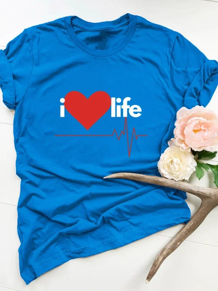 I Love Life Heart Print Women T Shirt Short Sleeve O Neck Loose Women Tshirt Ladies Tee Shirt Tops Clothes Camisetas Mujer