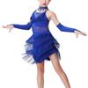 Vestido de Danza Latina para Niñas Niños Diamantes Brillantes Halter Sin Mangas Borlas Vestido de Baile Samba Rumba Jazz Cha Cha Disfraz de Baile