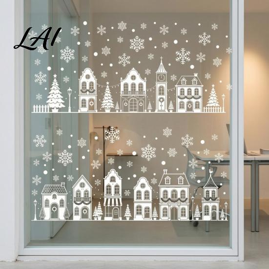 Nordic Style Holiday Decorations 4Pcs Christmas Static Window Clings White Town House Snowflake Glass Stickers Removable Winter Scene Stickers