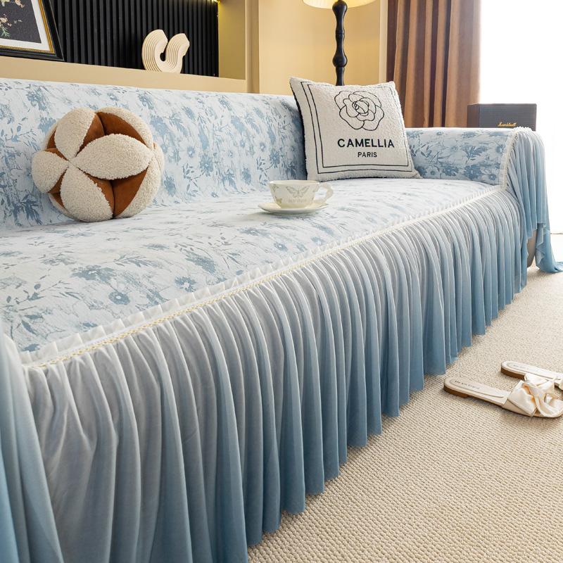 

Чехол-полотенце для дивана из шенилла, Чехол для 3-местного дивана, Универсальный чехол, с оборками, Нескользящий протектор для мебели 180*130cm синий