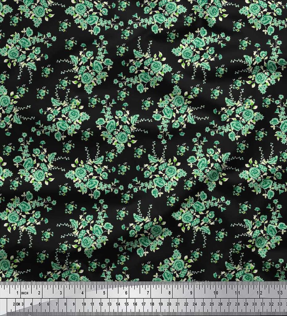Soimoi Black Japan Crepe Satin Fabric Leaves & Rose Floral Print Sewing Fabric Metre 42 Inch
