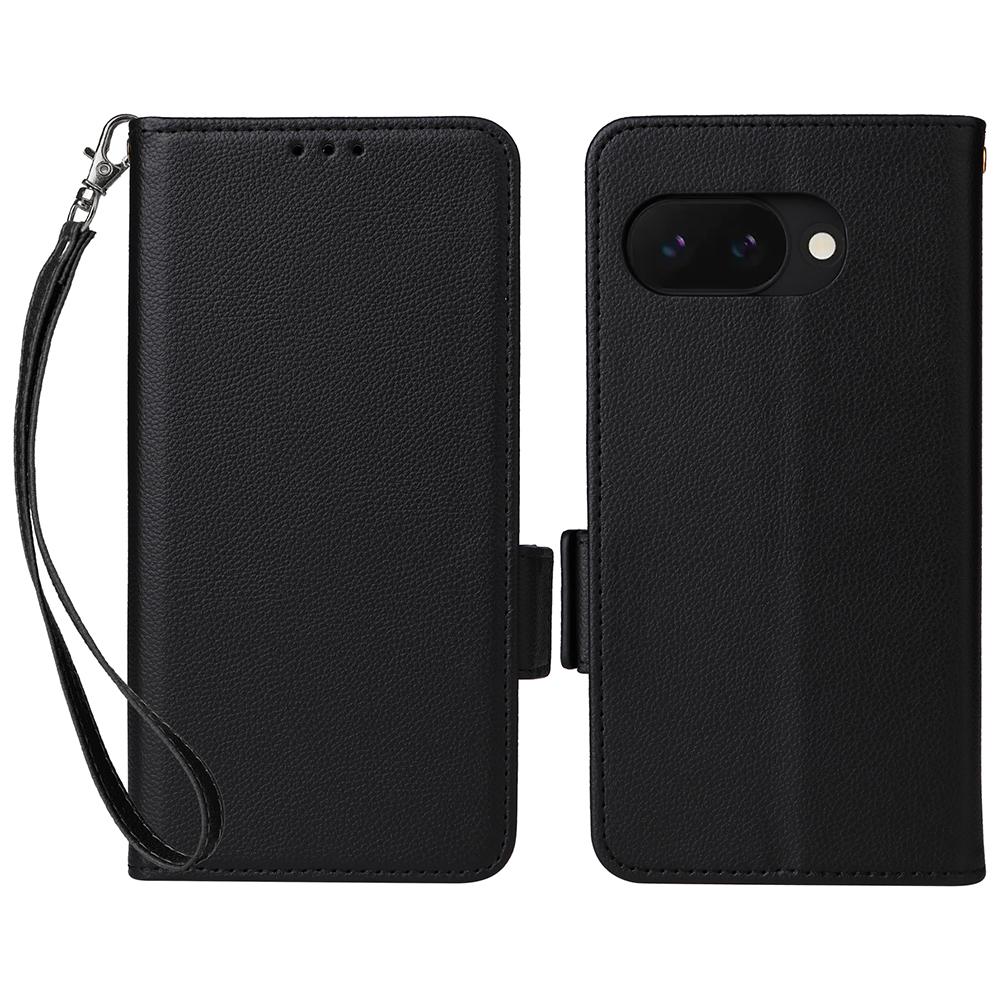 For Google Pixel 9a Case with Wrist Strap Litchi Texture PU Leather Wallet Phone Cover