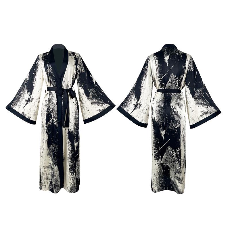 Elegant Chinese Ink Wash Satin Loose Robe - Luxury Home Leisure Wear