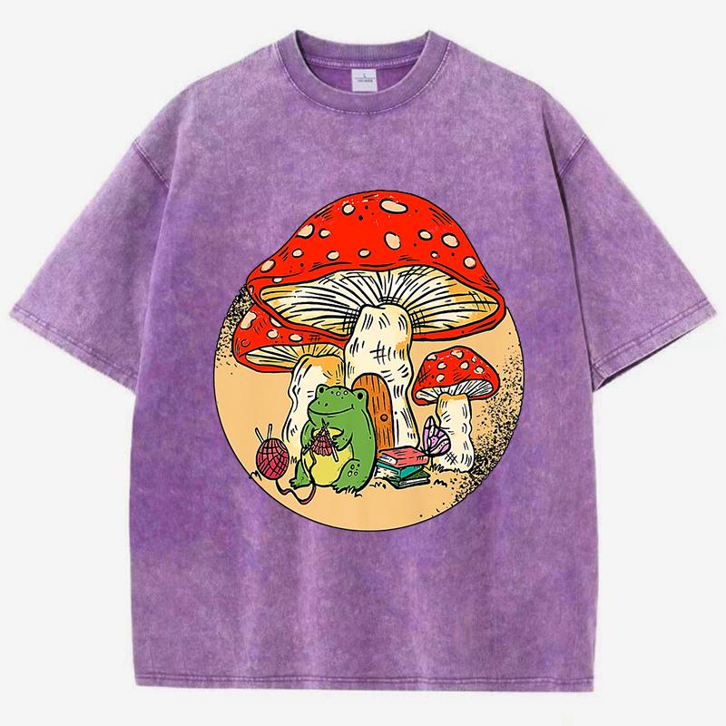 Cute Frog Kinting Mushroom Print Woman Washed T-Shirt Cotton Summer T Shirt Soft Loose Streetwear Y2K Short Sleeves