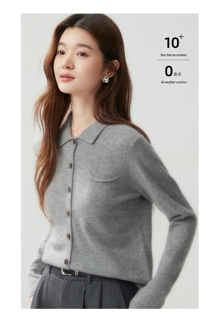 2026 Autumn/Winter Women's Cashmere Polo Collar Cardigan - Solid Color, Loose Fit, Versatile, Single-Breasted Jacket