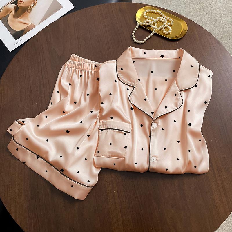 Pigiama Estivo Stampato Dolce Amore Donna Seta Ghiacciata Seta Sottile Manica Corta Comodo e Traspirante Set Loungewear