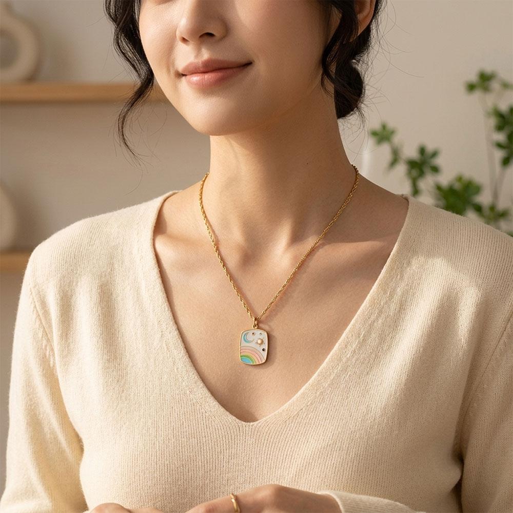 MamacitaSlay 316L Stainless Steel Rainbow Moon Star Enamel Necklace 18K Gold Plated Waterproof Jewelry For Women Everyday Wear