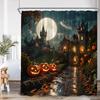 Haunted House Halloween Shower Curtain Full Moon Night Graveyard Pumpkin Lantern Gothic Castle Bathroom Decor Retro Bath Curtain