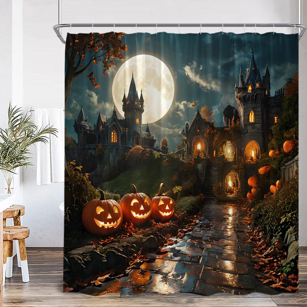 Haunted House Halloween Shower Curtain Full Moon Night Graveyard Pumpkin Lantern Gothic Castle Bathroom Decor Retro Bath Curtain