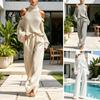 Cold Shoulder Knit Sweater Autumn Women Pants Set, & Wide Leg Breathable Spring Casual Wear Pants, Solid Color Long Sleeves Top Trousers Two
