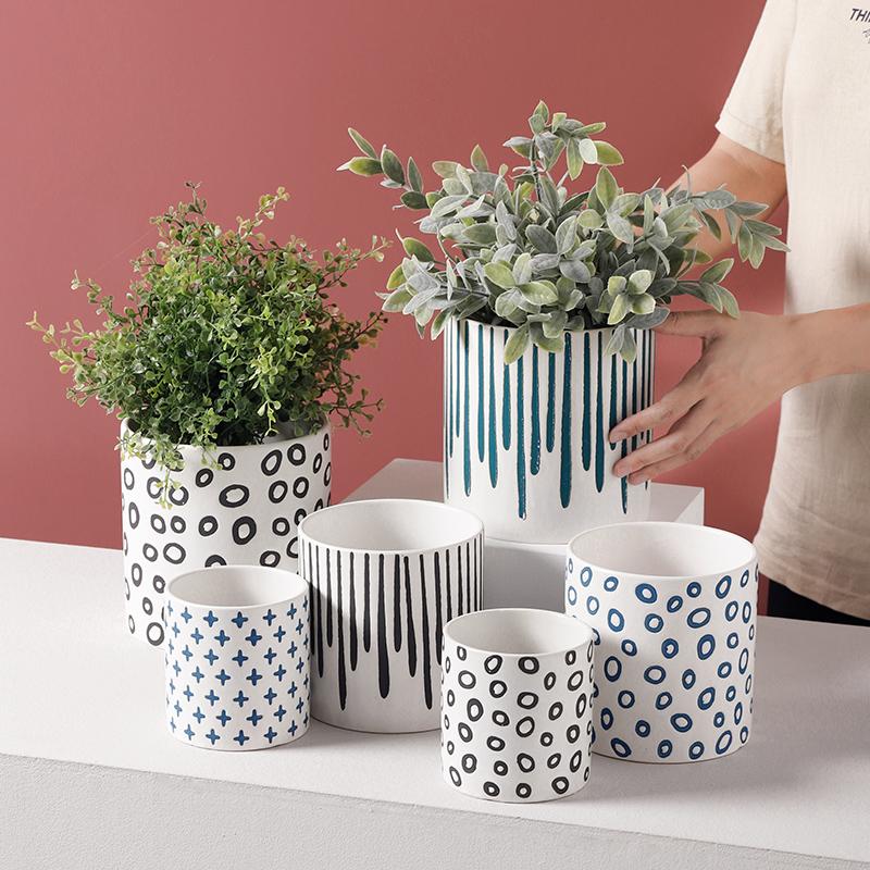 Modern Nordic Ceramic Flower Pot Living Room Interior Countertop Vase Simple Geometric Pattern Flower Plant Flower Pot Gardening