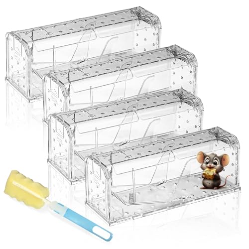 Small Mouse Trap, Trap Cage, Step-Type, Bait Trap, Mouse Trap, Sticky Sheet, Reusable, Easy to Set Up, 19.2x7.2x7cm (Transparent, Pack of 4)