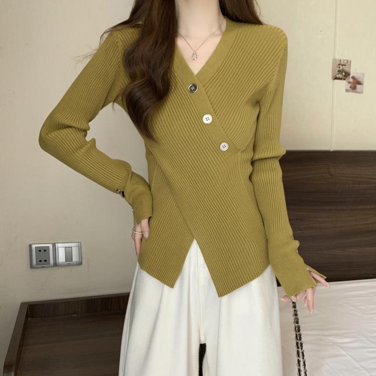 

Корейский Kpop однотонные свитера с v-образным вырезом, осенние топы с тонкой талией и разрезом, женские вязаные пуловеры с длинными рукавами One Size зелёный