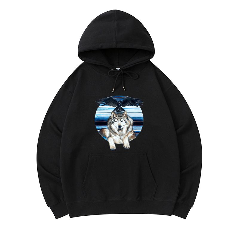 

300 GSM Men s Healthy Cotton Hoodies Wolf Crow Print Premium Cotton Sweatshirt