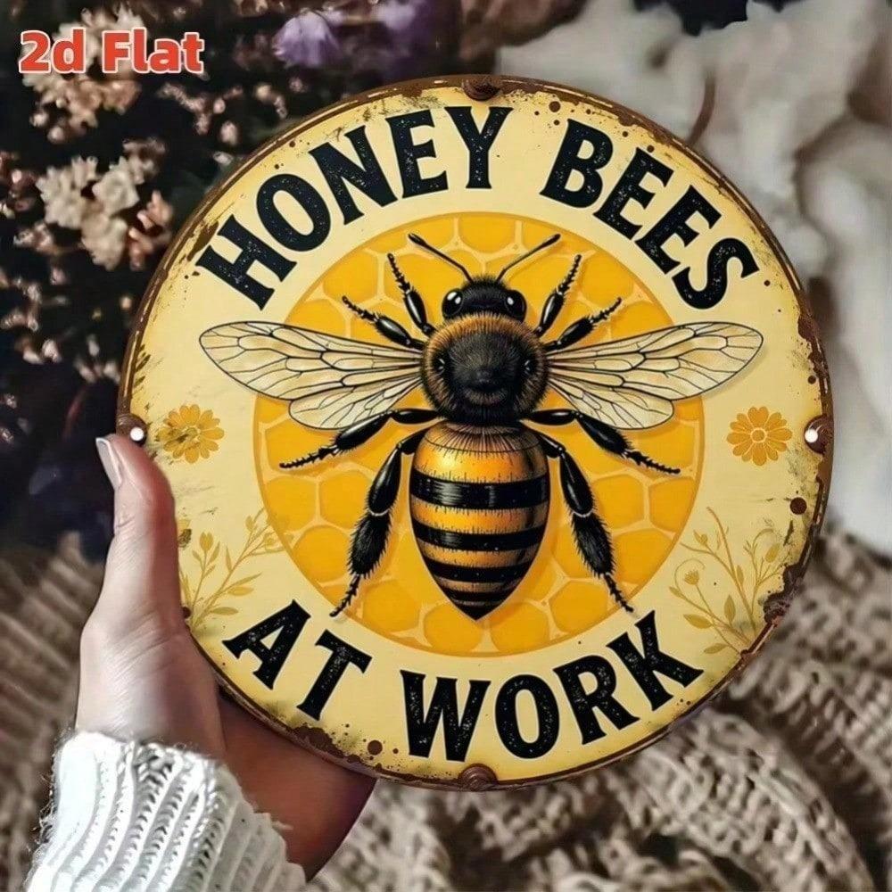 Bees Rustic Metal Wall Art Decor 2D Round Honey Bee Sign Weather Resistant For Indoor Outdoor Farm House