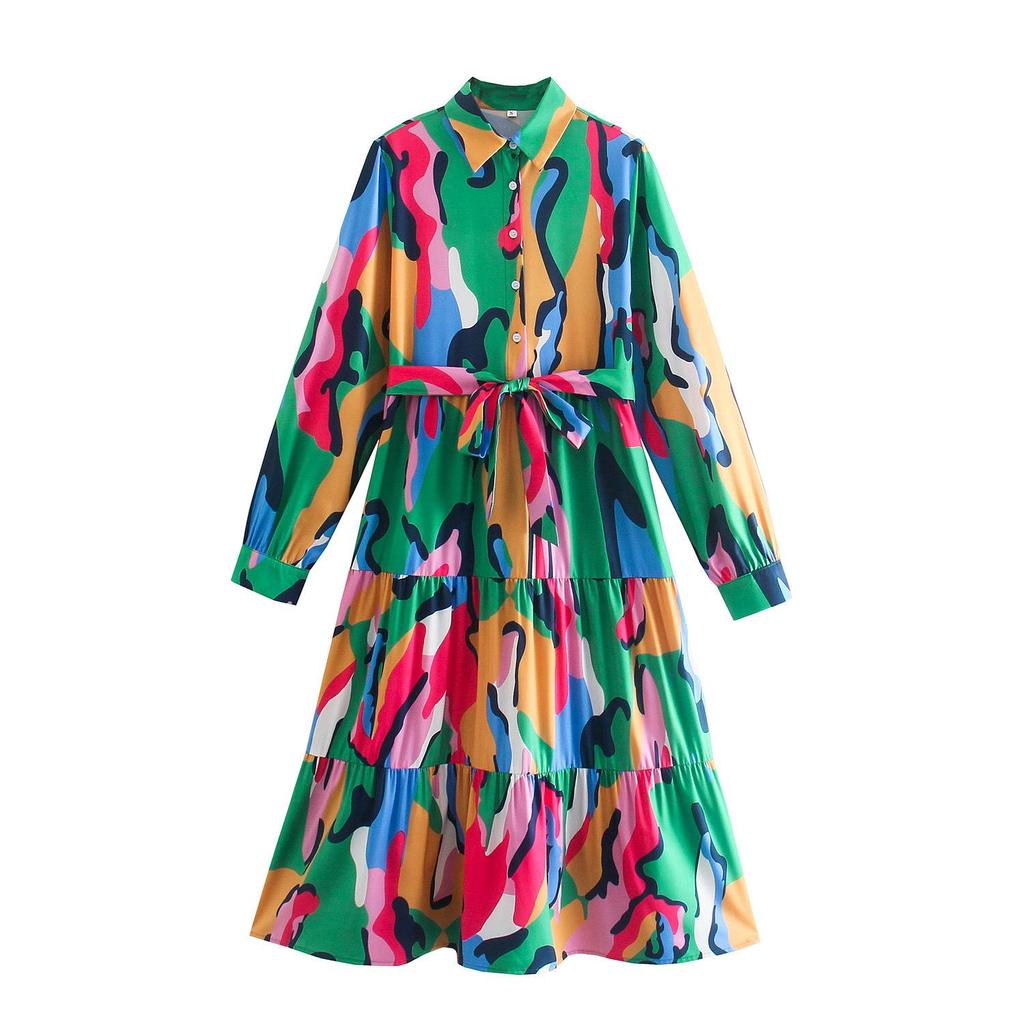 Women Slash Long Sleeve Midi Dress Green Print Shirt Dress