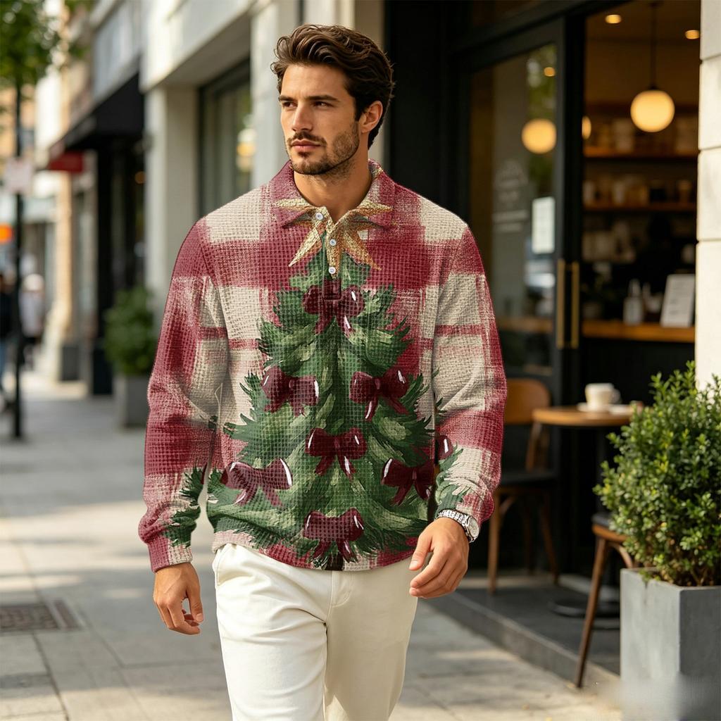 Men's Fall Casual Outdoor Pullover, Long Sleeve Collared Top with Pocket and Christmas Print
