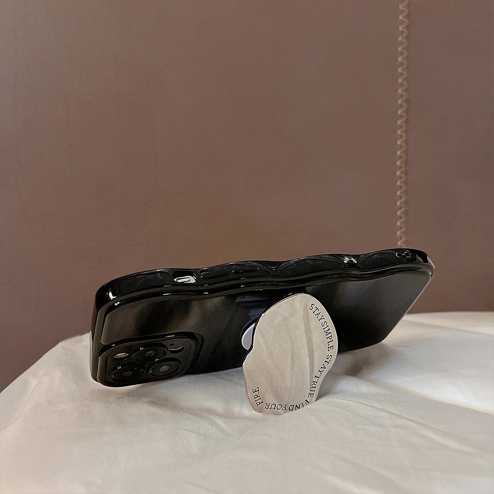 Luxury Solid Color Wavy With Metal Holder Phone Case For iPhone 17 16 15 14 11 Pro Max Plus Soft Silicone Shockproof Cover