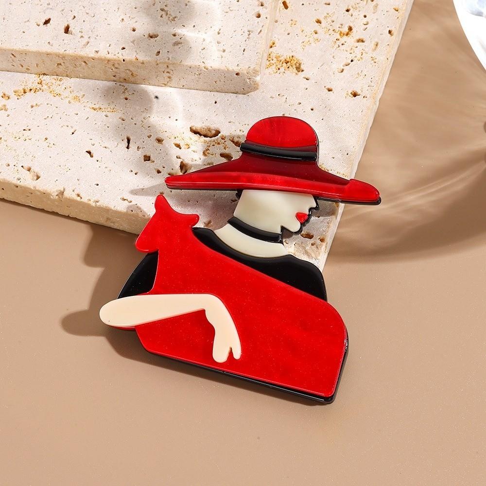 Acrylic Lady with Hat Brooch Cartoon Coat Badge Cute Women Portrait Pin  Clothing Accessories