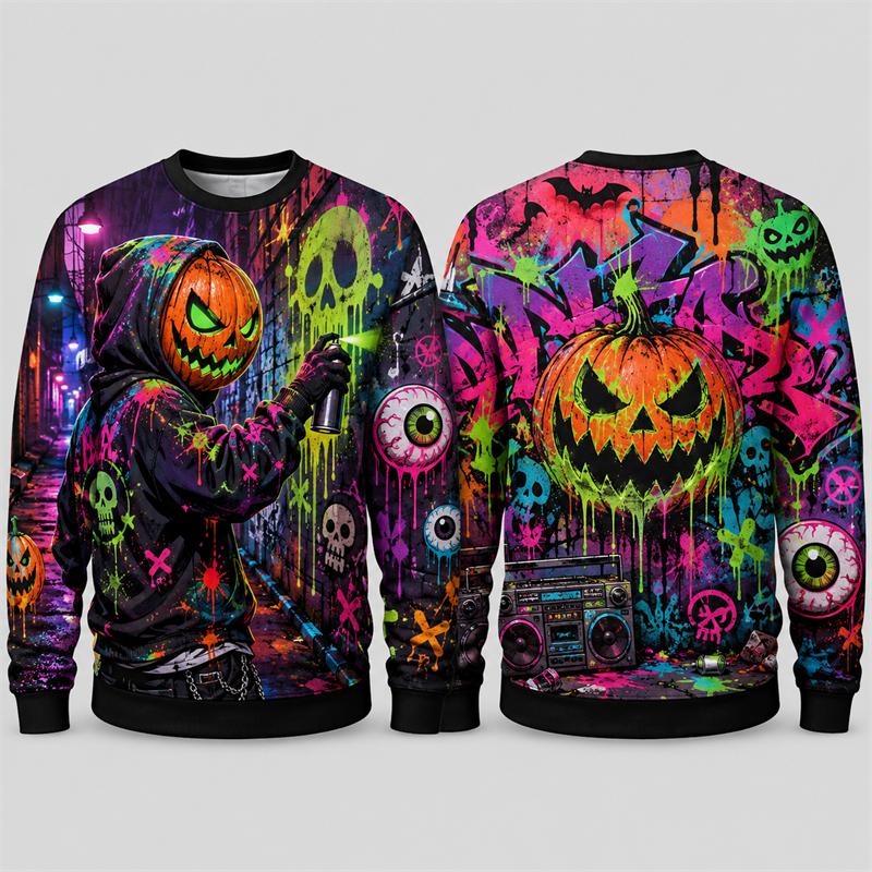 Pumpkin Ghost Graffiti Sweatshirt Halloween Women 3D Print Polyester Crew Neck Long Sleeve Hip Hop Fashion Pullover Oversized Fit