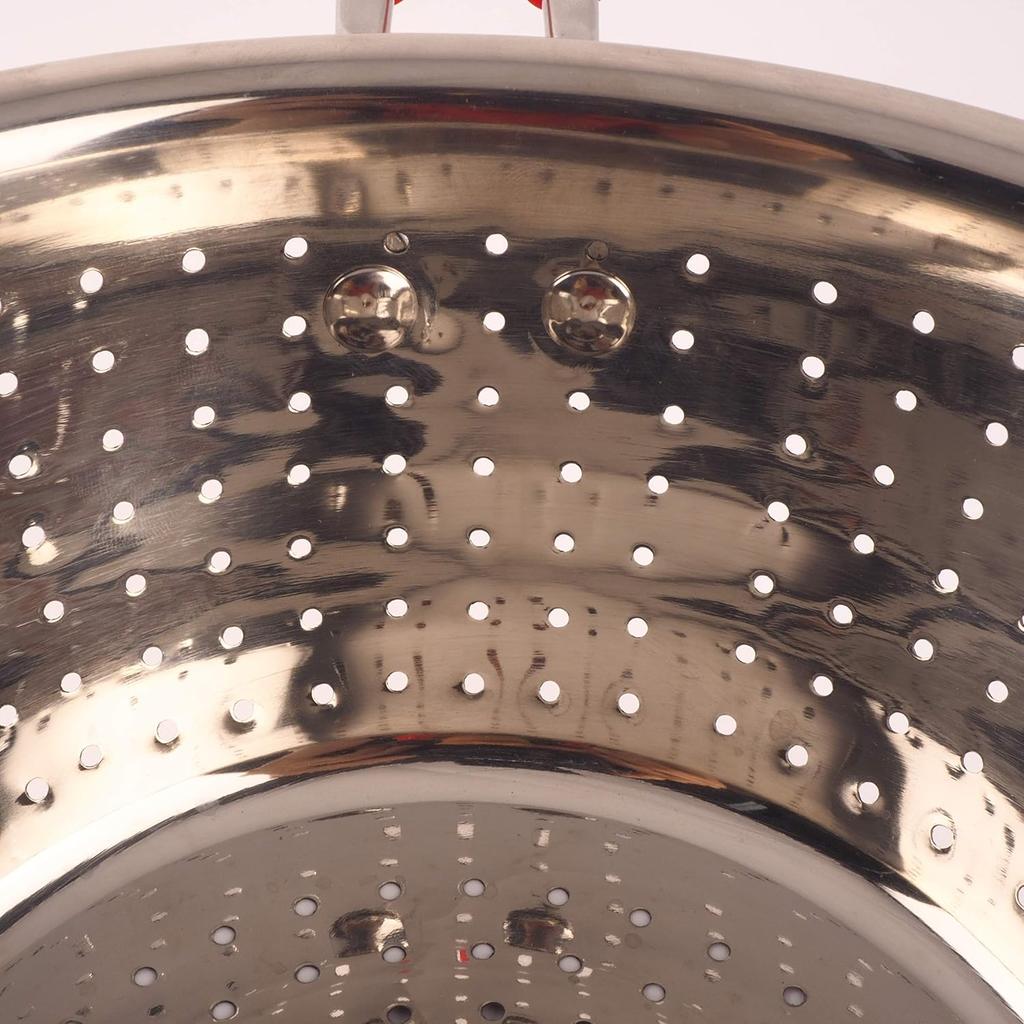 Stainless Steel Deep Colander Micro-perforated 2.5 Quart Metal Food Strainer with Green Silicone Handles for Draining Pasta Cleaning Food Like Fruit