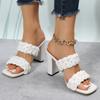 Fashion Double Braided Band Chunky Heeled Sandals Women Summer 2025 Square Toe High Heel Slippers Women Fashion Woven Slip On Sandalias