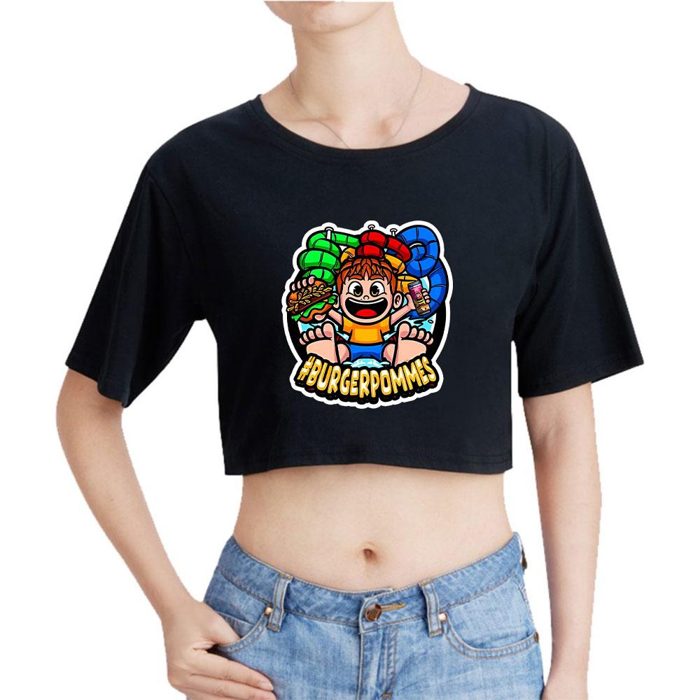Letnia Moda Damska Seksowny Burger Frytki ICrimax Nadruk Krótki Rękaw Crop Top Zabawne Koszulki Hipster O-szycie Fajne Topki