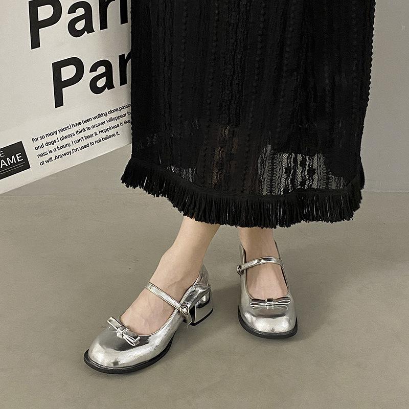 Нежные туфли Мэри Джейн на устойчивом толстом каблуке, с новым легким вырезом, милые серебристые, женские туфли-лодочки с круглым носком, летние