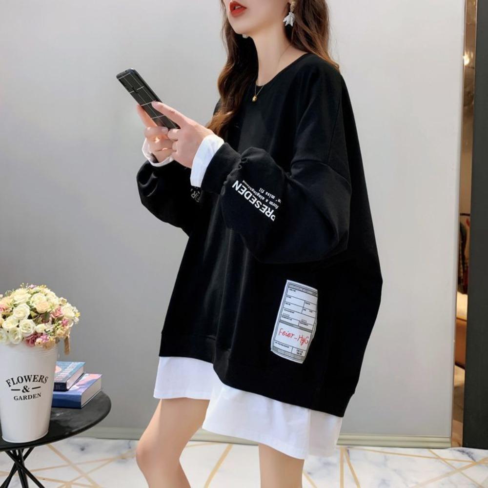 Women's Plus Size Fake Two‑Piece Sweatshirt Letter Print Long Sleeve Crew Neck Loose Casual Pullover Tops