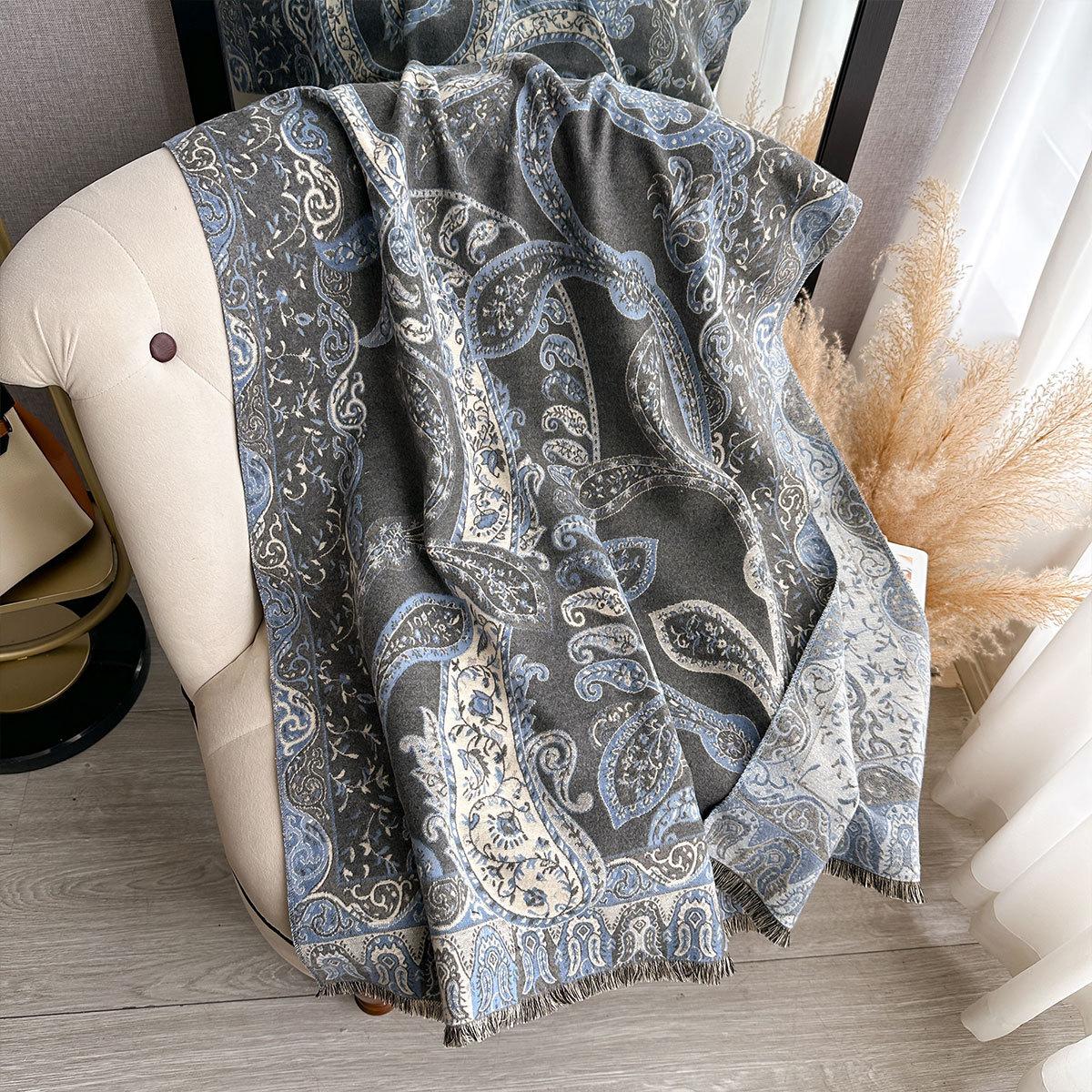 

Богемский жаккардовый большой платок-пашмина с узором «кешью», утолщенный кашемир, теплый, короткий ворс, женский шарф 185x65cm серый