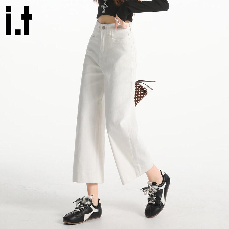 CHOCOOLATEit Women's Off-White High-Waisted Wide-Leg Crop Jeans