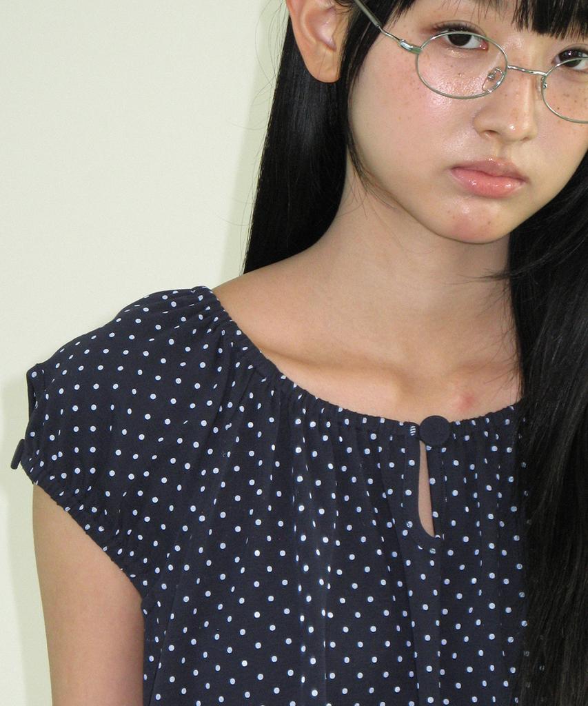 Ronron Button Puff Shirring Dress Navy Dot
