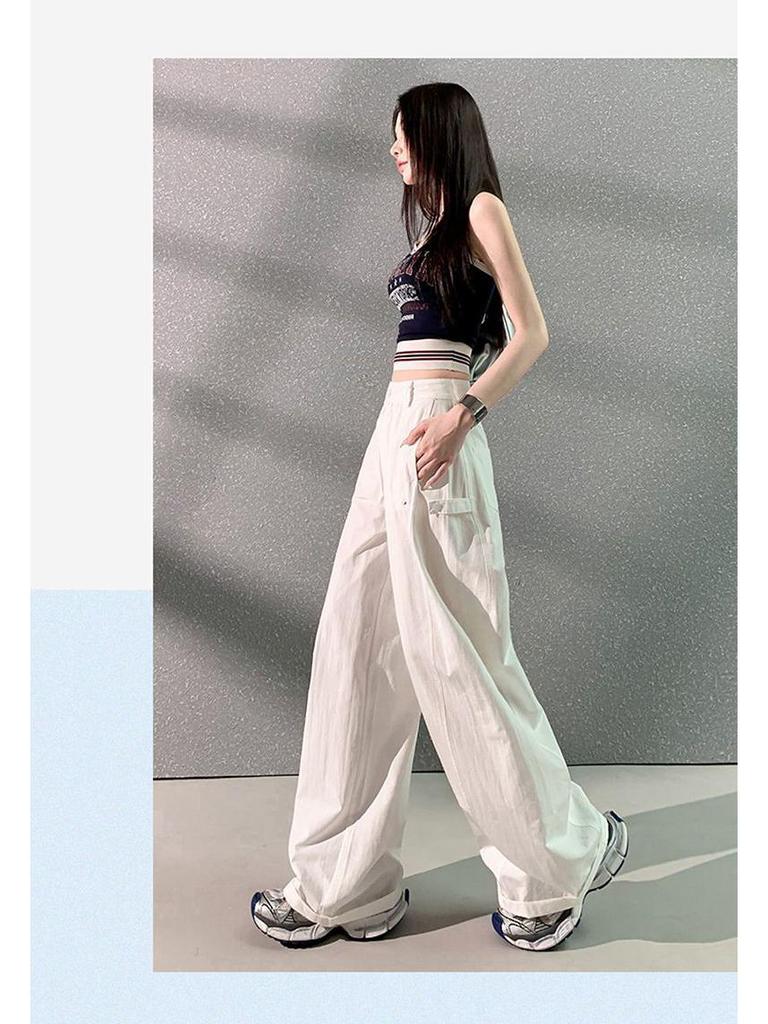 Women's American Style Green Wide-Leg Workwear Pants - Summer Loose Fit, Thin, Floor-Length, Casual 2026.