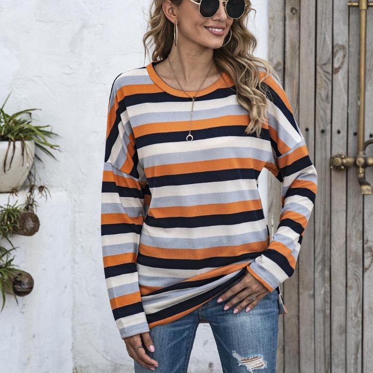 Oversize Women Loose Stripe Sweatshirt Sweater Round Neck Tshirt