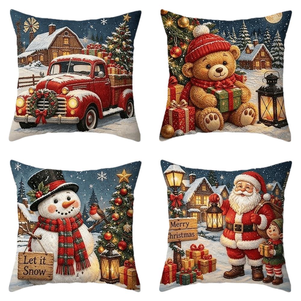 4PCS Tree Flower Christmas Pillow Covers New Year Snowman Pillow Cover Throw Cushion Case Home