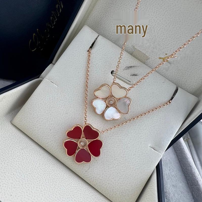 Xiaojia Five Hearts Pendant Necklace In Gold with Mother-of-Pearl and Red Agate