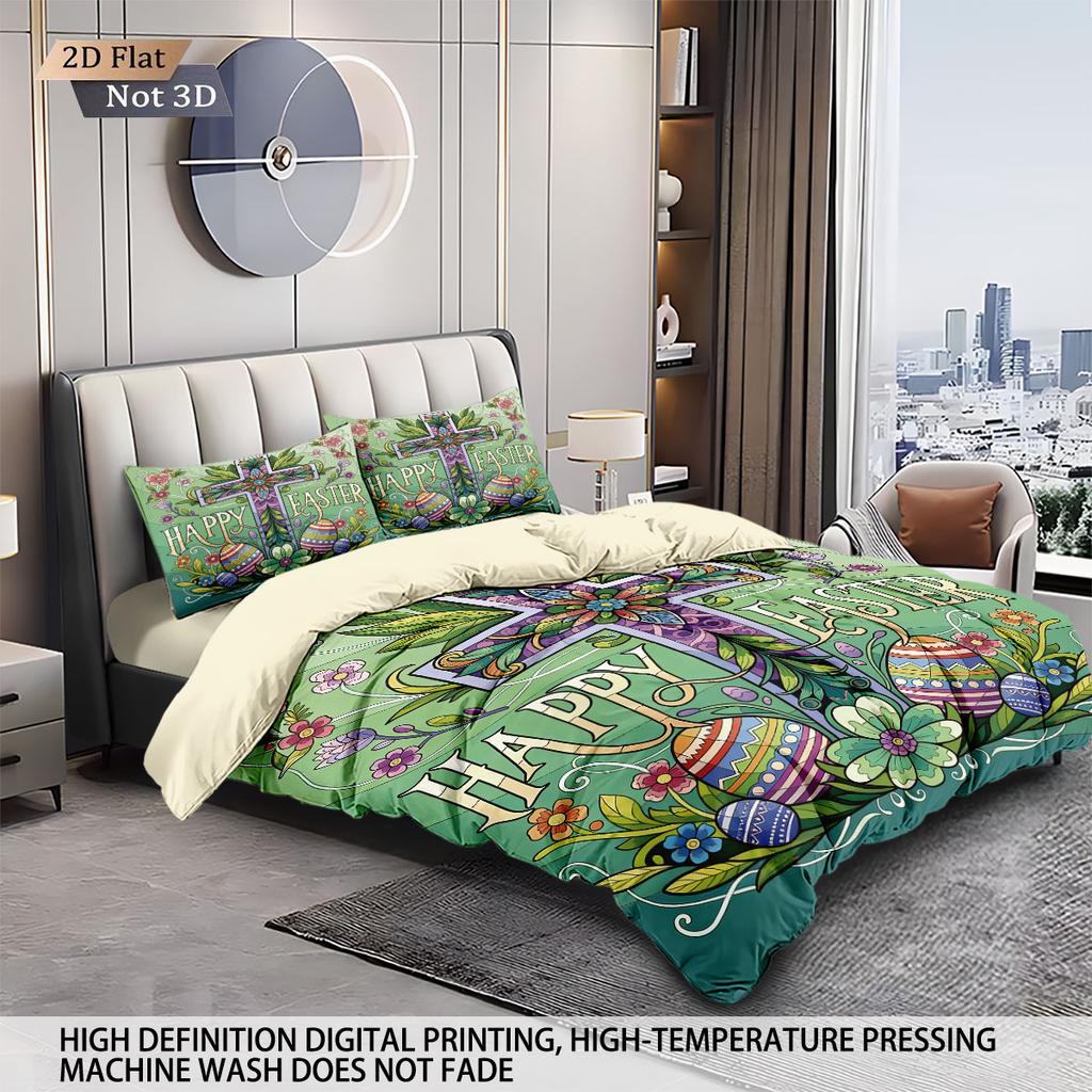 3pcs Easter Happy Cross Green Printed Core free Down Duvet Cover Set Comfortable Bedroom Bedding Decoration Machine Washable