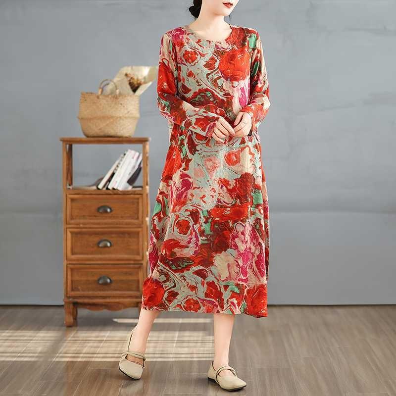 2025 Retro Printed Round Neck Long Sleeve Patchwork Dress Women