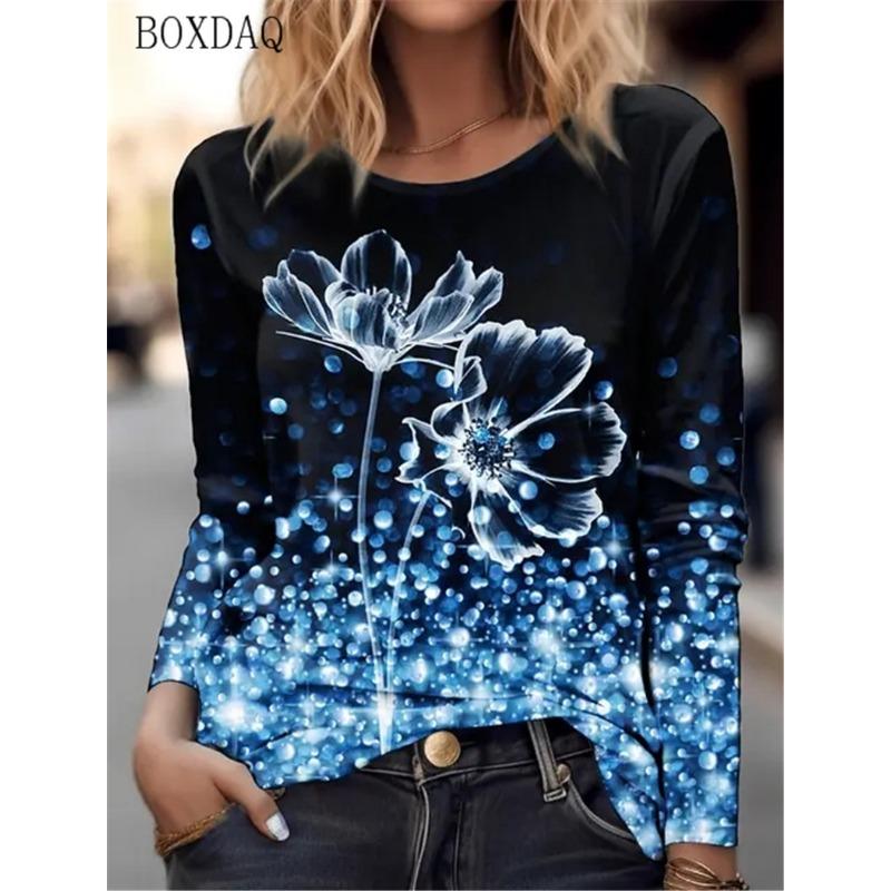Tie-dye Gradient Floral Pattern Women T-Shirts Spring Autumn Long Sleeve 3d Print Street Style Lady Tee Casual Tops