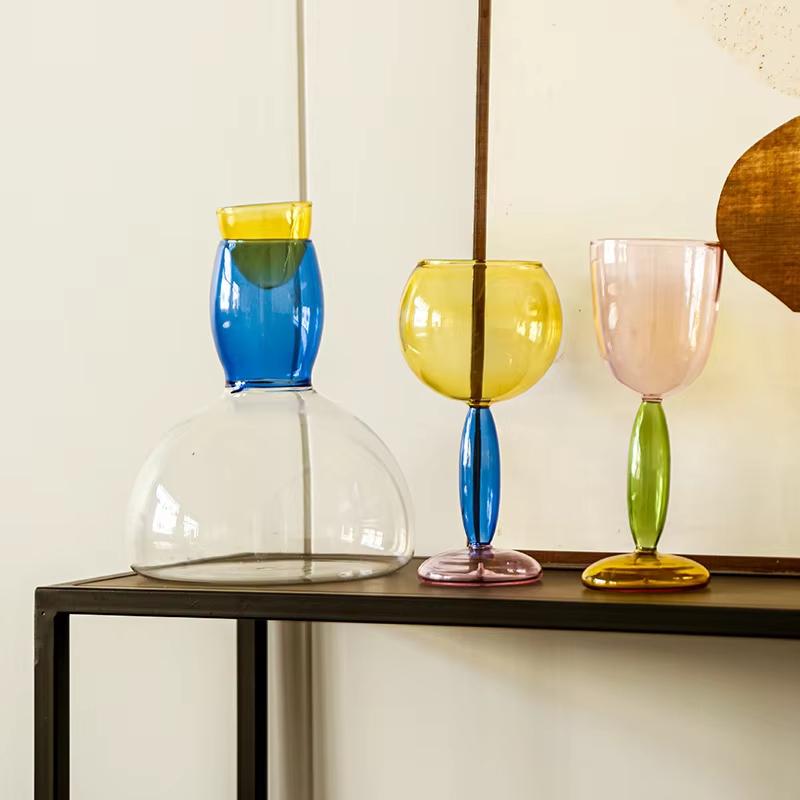 Handmade High Borosilicate Colored Glasses Creative Goblet Champagne Contrasting Color Bordeaux Burgundy Red Wine Cups Decanter