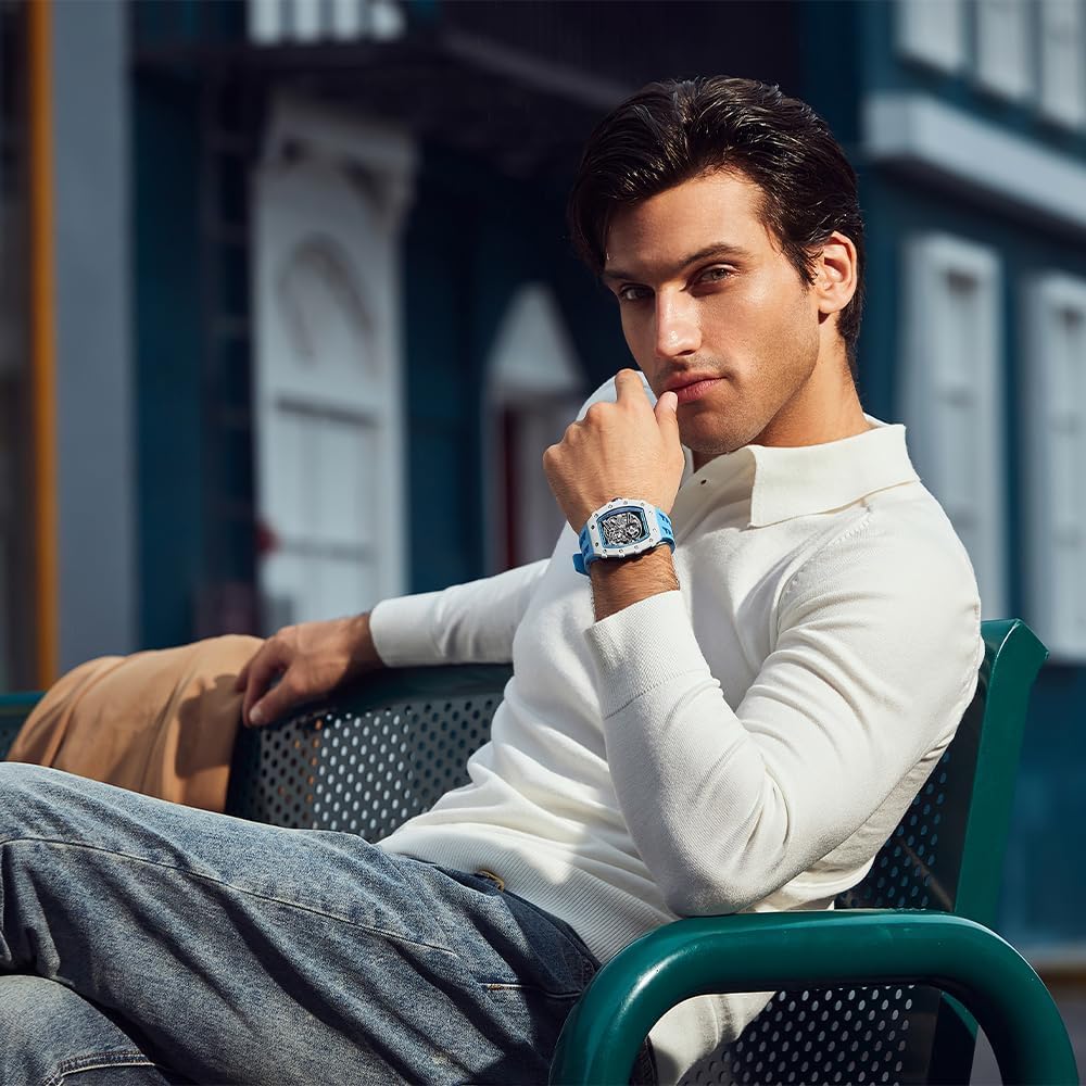 TSAR BOMBA Skeleton Mechanical Automatic Watch with Ceramic Japanese Tonneau FKM 50M Water and Luminous Design for and Casual Men's Movement, Strap,