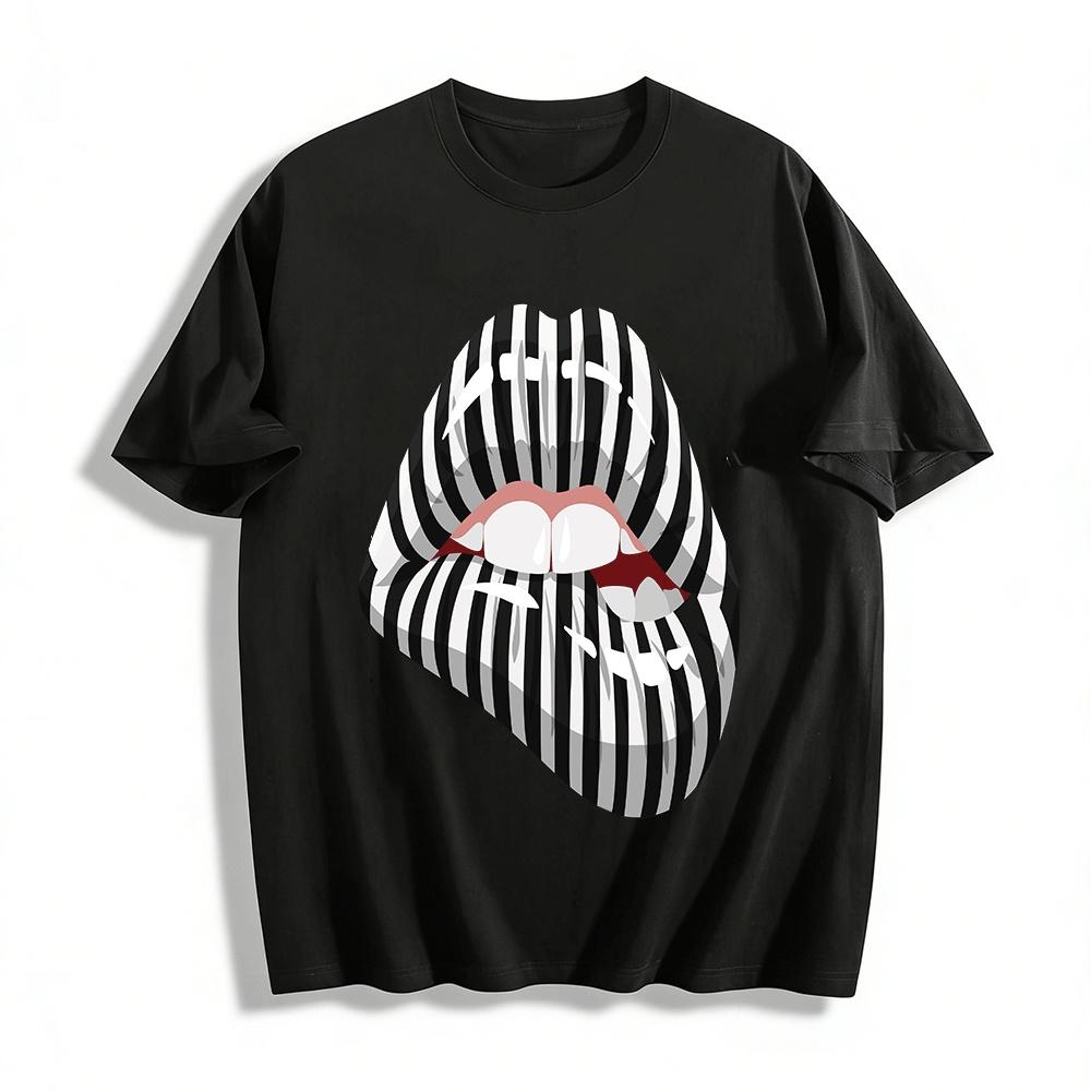 Zebra Stripe Lip Print Cool Casual Top For Trendy Style Pure cotton T-shirt XXS