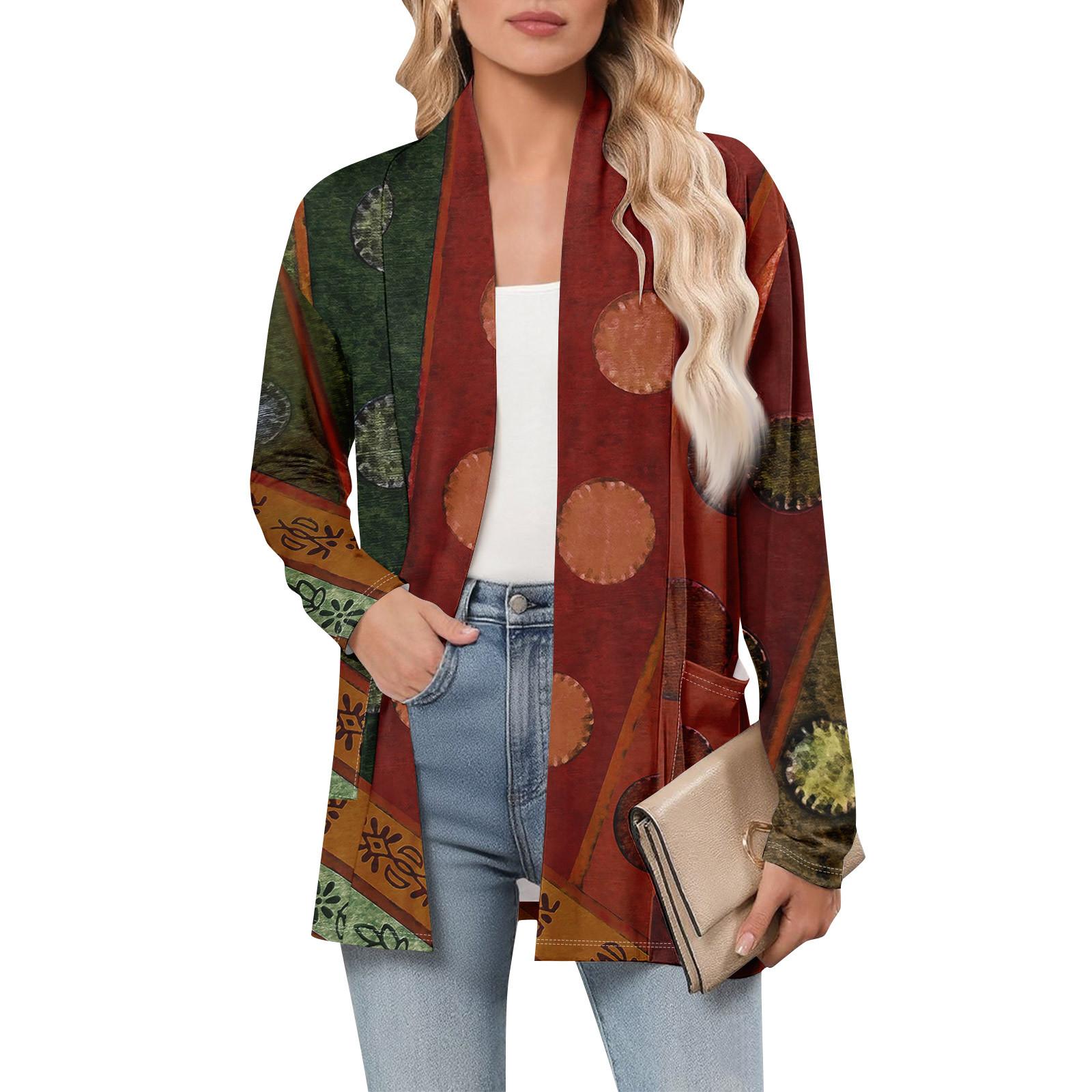 

Женский кардиган с длинным рукавом, V-образным вырезом, модная рубашка с принтом, легкий, повседневный, свободный, тонкий кардиган с карманами XL винный