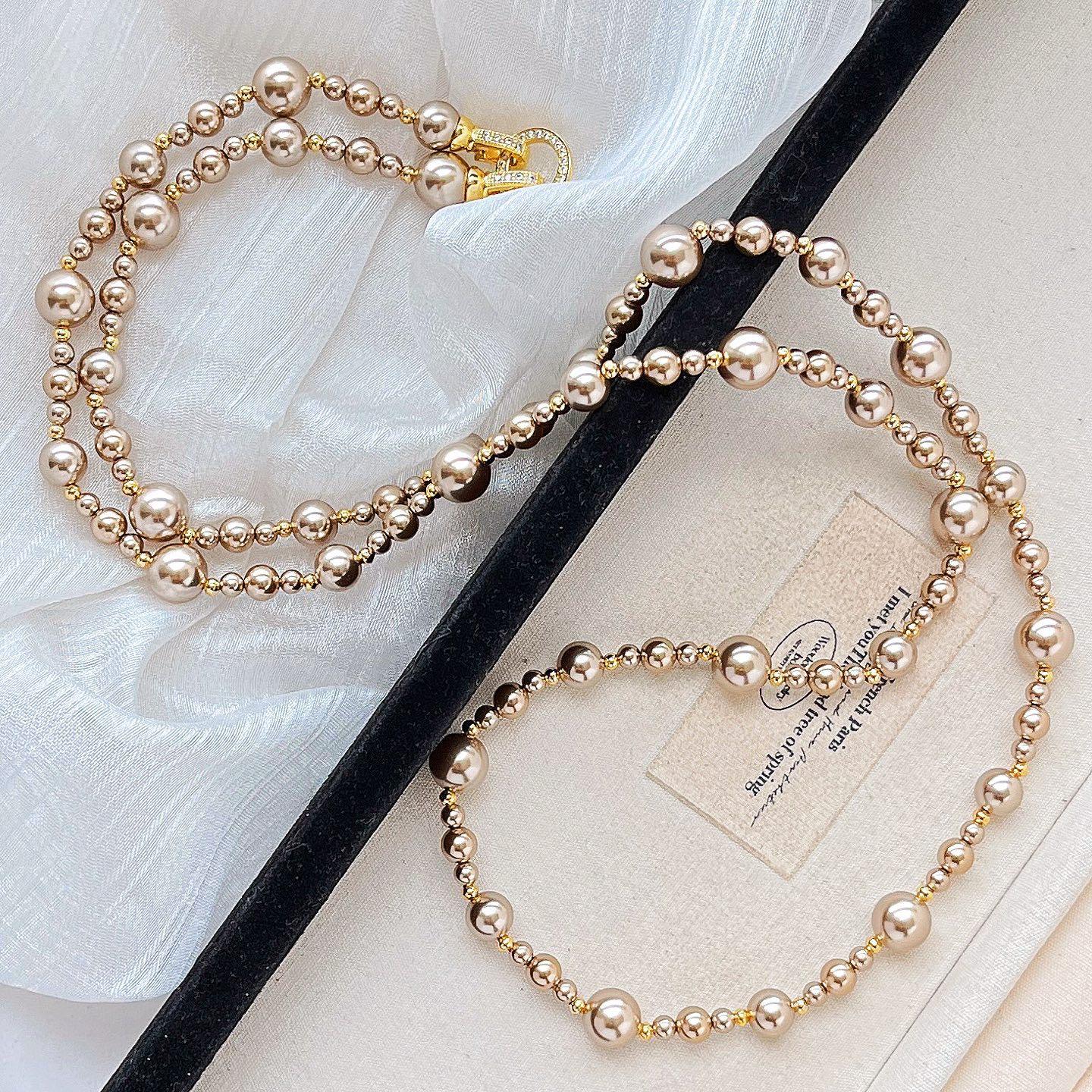 Autumn And Winter Retro Maillard Gold Coffee Highlight Design Sense Shijia Artificial Crystal Pearl Collarbone Chain Necklace Women S Sweater